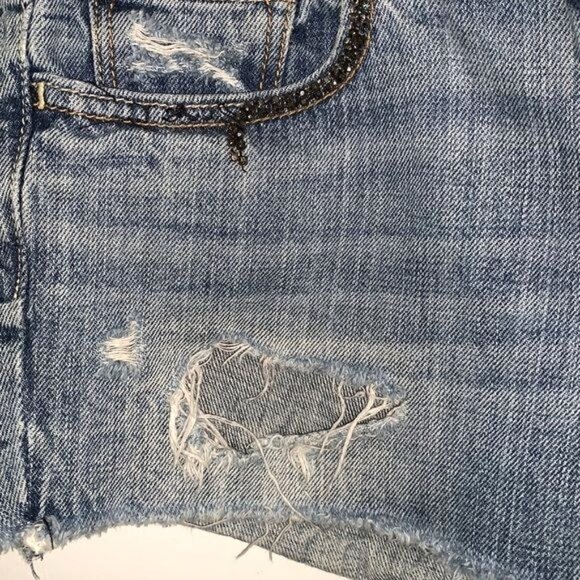 Distressed Denim Shorts With Beaded Trim Size 2 - Picture 6 of 11